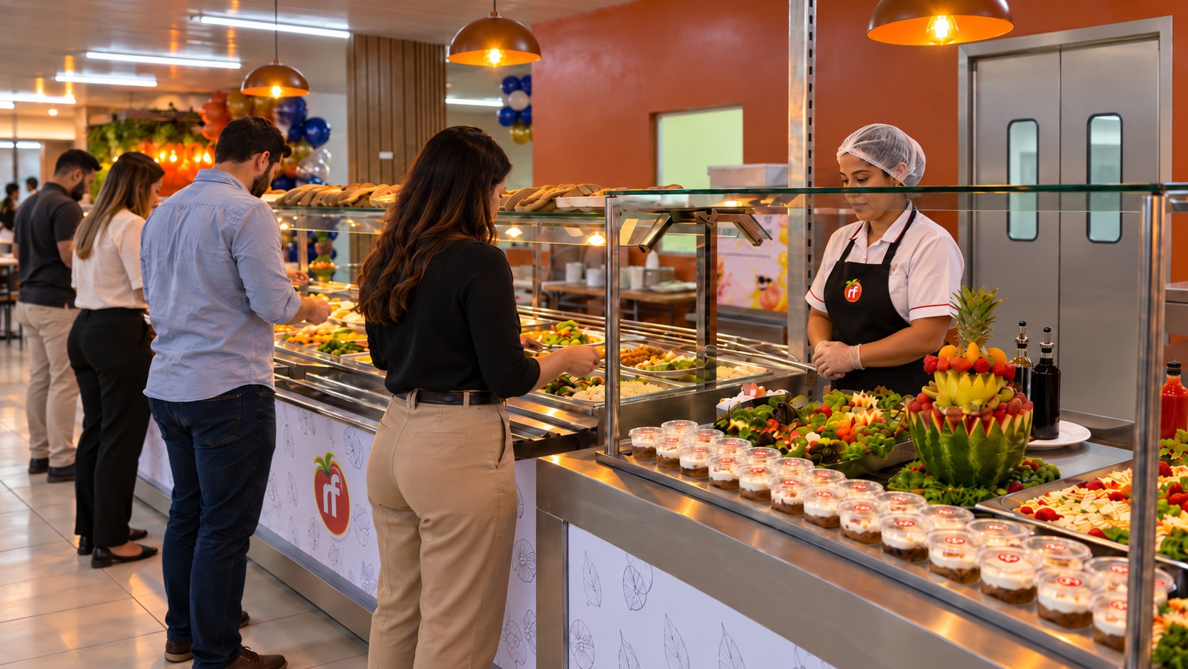 Refeitório corporativo RF durante o serviço de almoço, com copeira atendendo o buffet