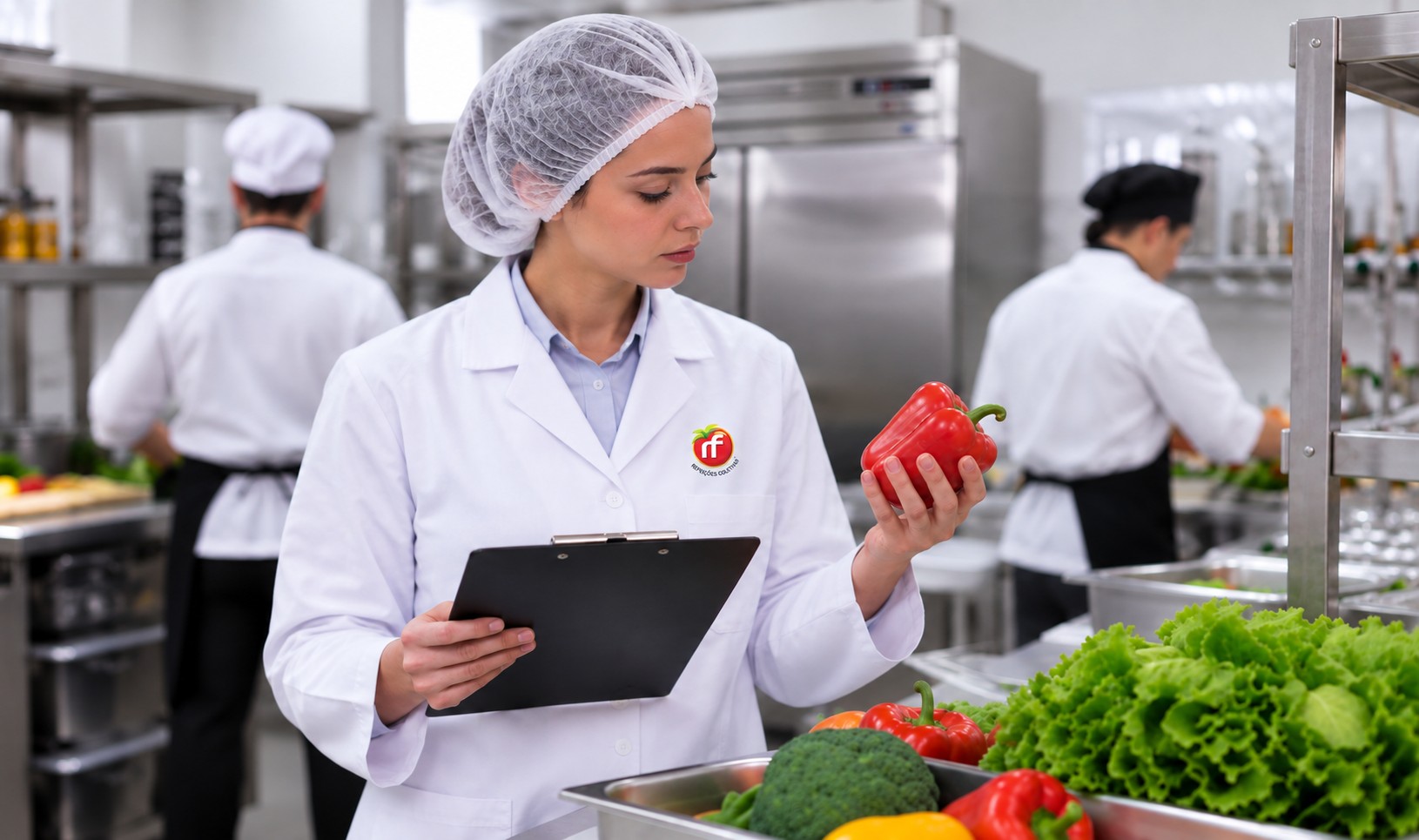 Profissional realizando controle de qualidade e segurança dos alimentos em cozinha industrial