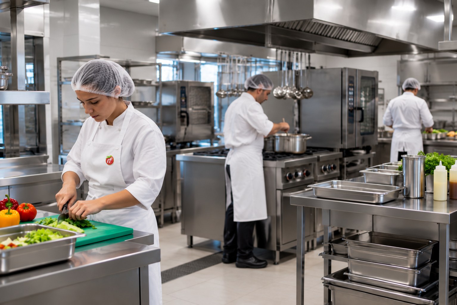 Equipe da RF Refeições Coletivas em atividade em cozinha industrial.